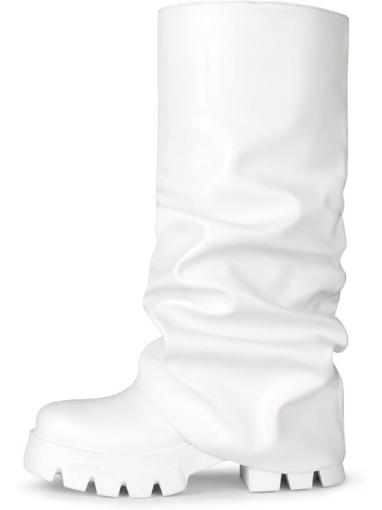 Shoes - Women's White Platform Fold Over Slouch Mid Calf Fashion Y2K Knee High Boots